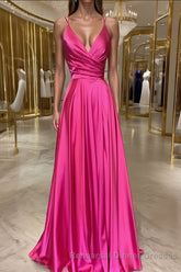 A-Line/Princess V-neck Sweep Train Elastic Woven Satin Semi Formal Prom Dresses